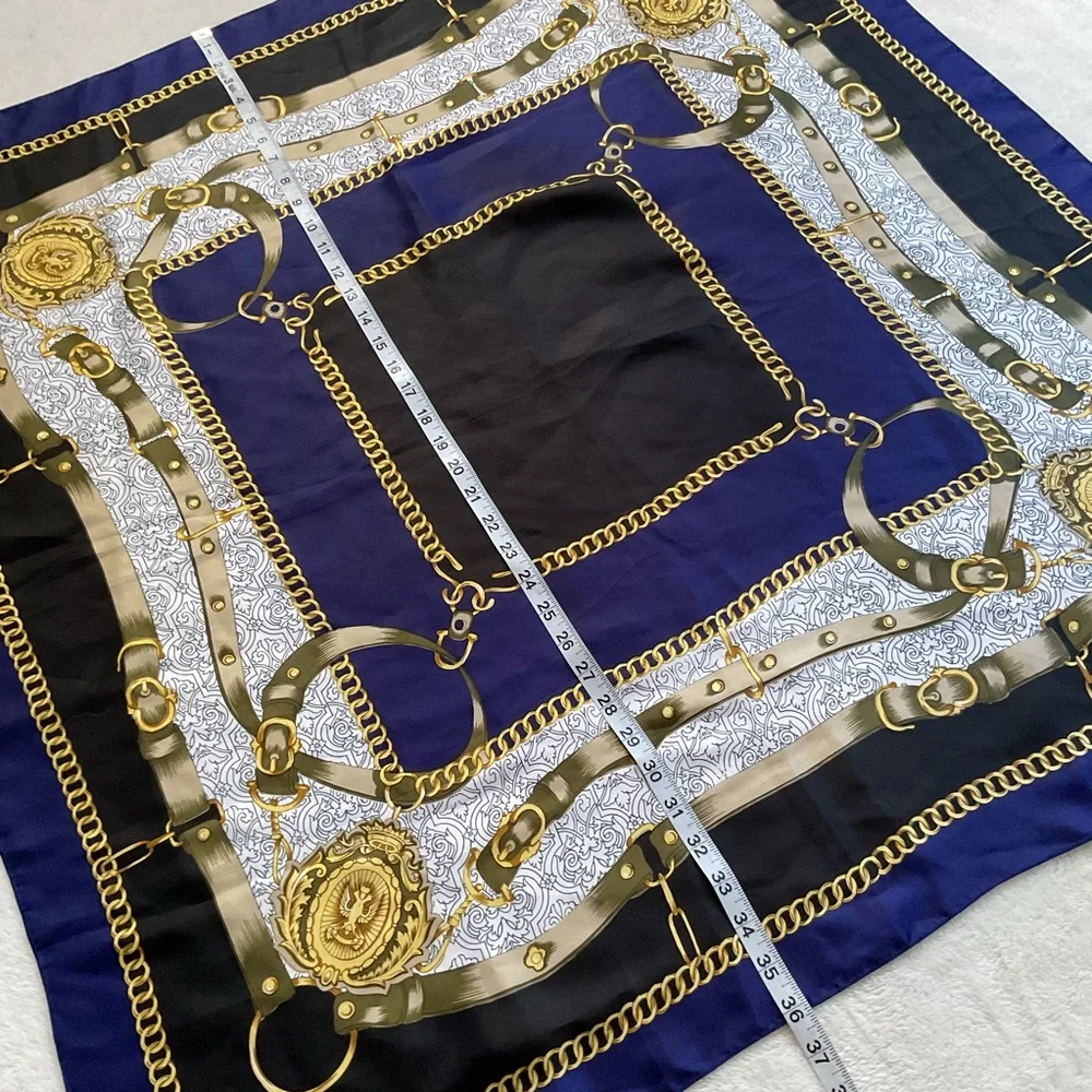 Vintage Equestrian Chain Medallion Scarf 36” Square Navy Gold Silk Feel